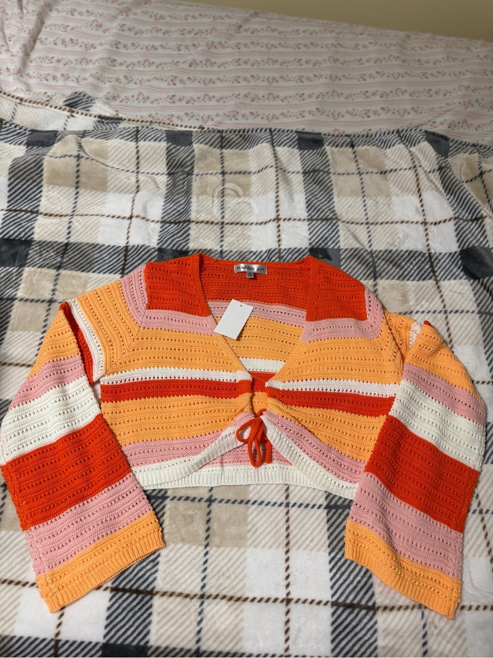 Madden Girl Striped Cropped Tie-Front Cardigan - Orange, Pink & Cream